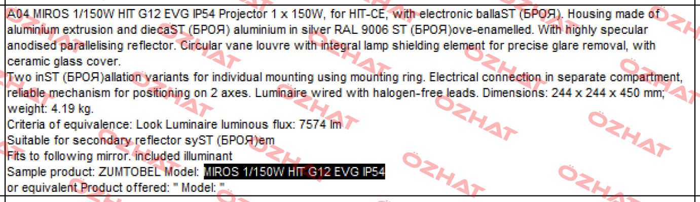 MIROS 1/150W HIT G12 EVG IP54  Zumtobel