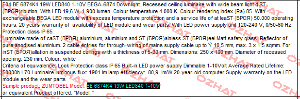 BE 6874K4 19W LED840 1-10V  Zumtobel
